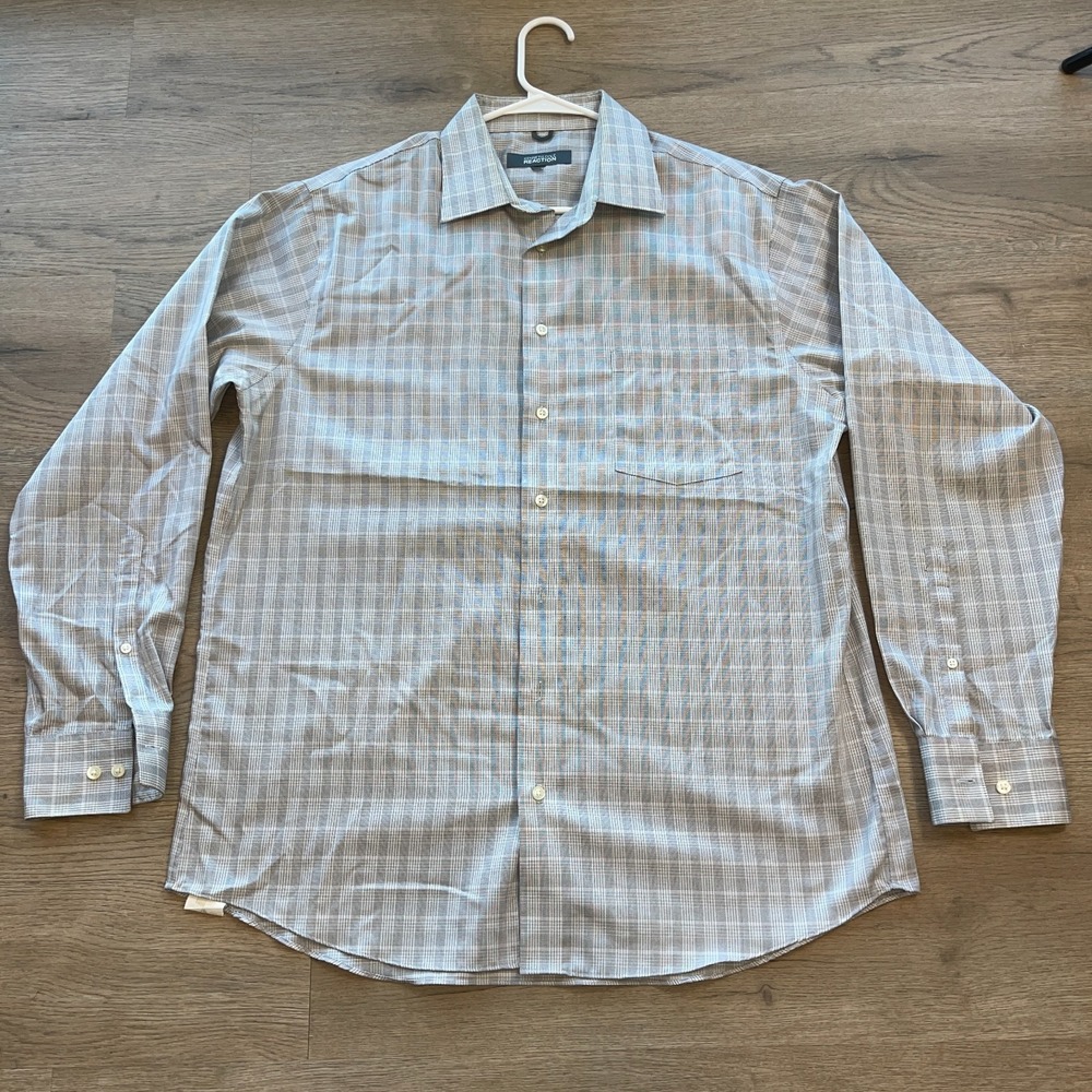 Kenneth Cole Reaction Shirt Men Large Blue Plaid Classic Non Iron Cotton Button
